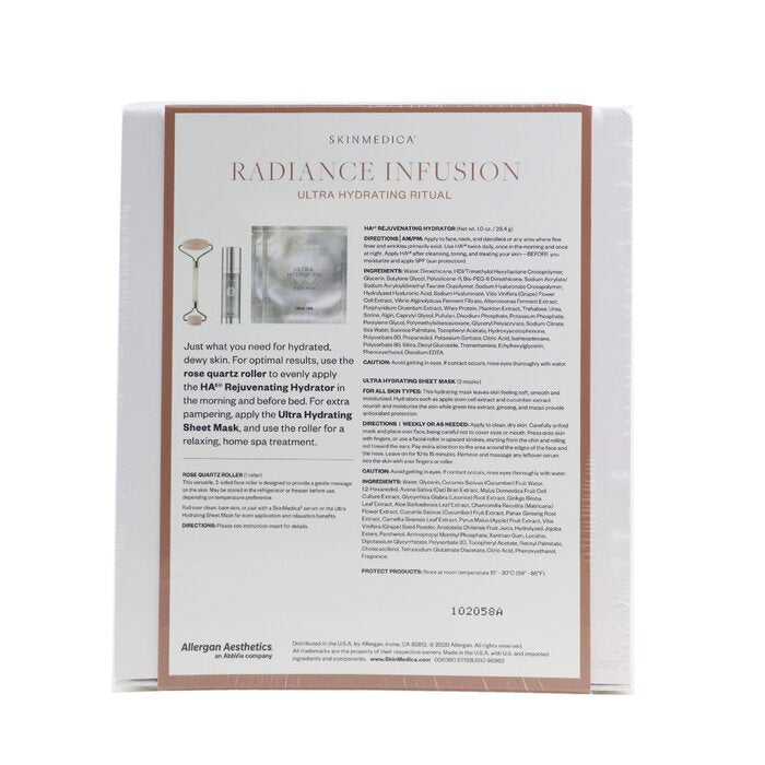 Skin Medica Radiance Infusion Ultra Hydrating Ritual Set: HA Rejuvenating Hydrator 28.4g + Ultra Hydrating Sheet Mask 2pcs + Rose Quartz Roller 4pcs